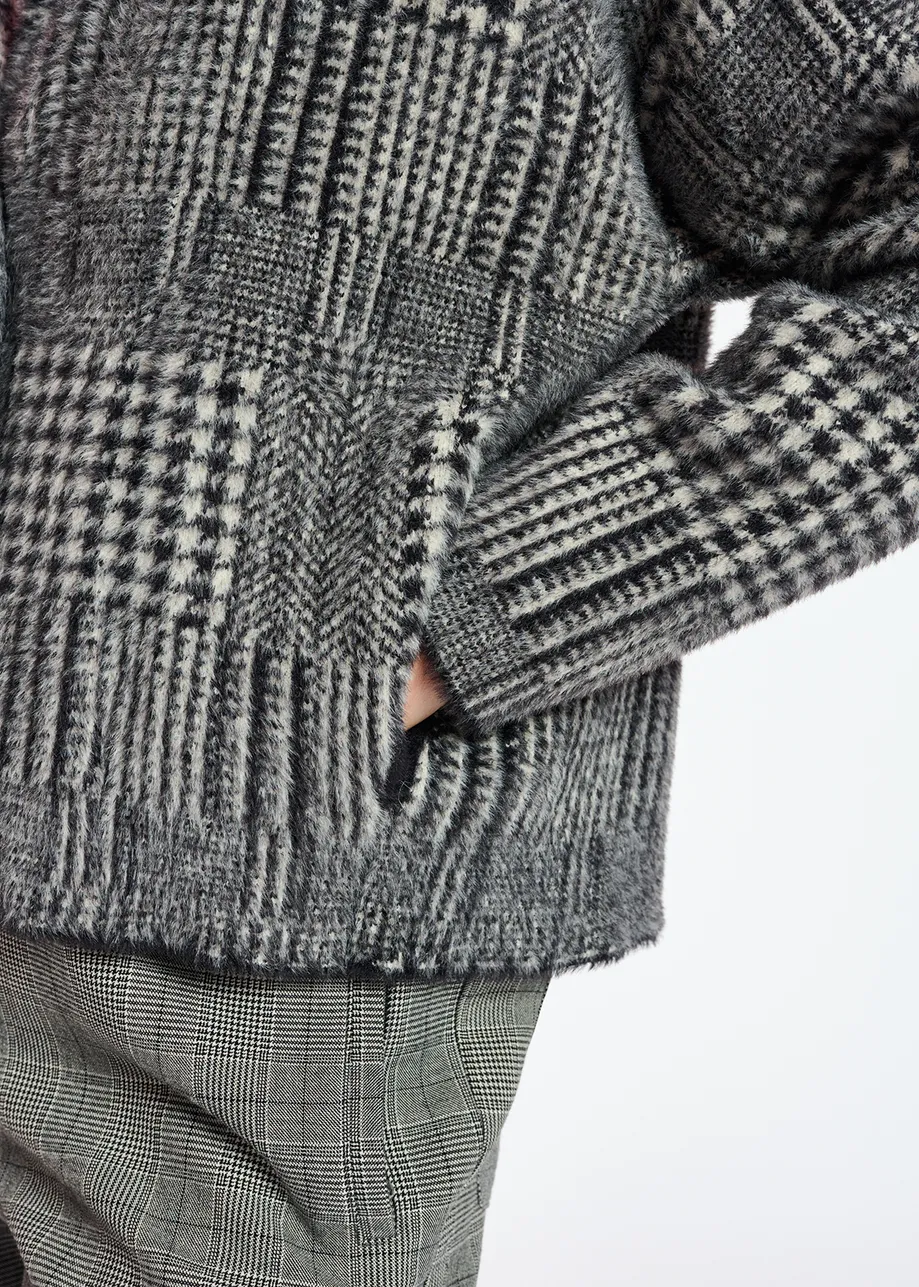 Black and off-white fuzzy knitted jacket