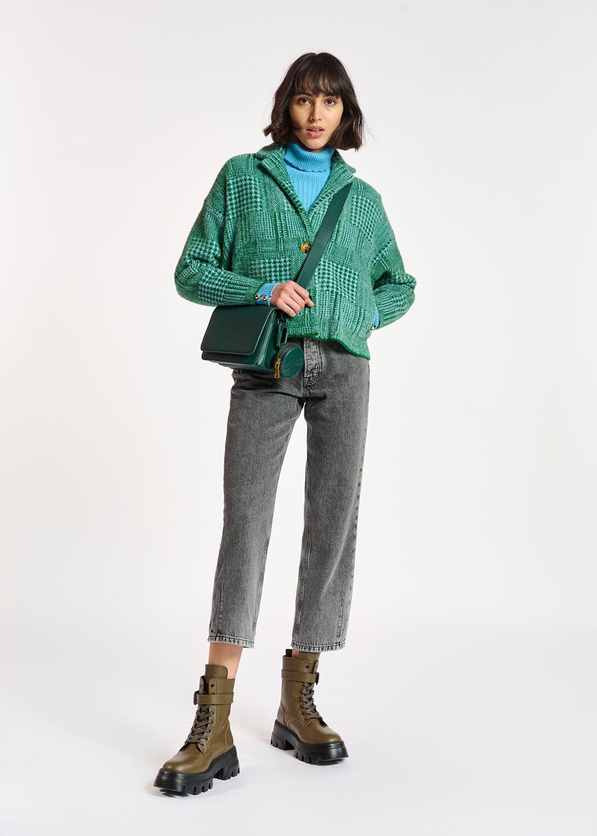 Green and light blue fuzzy knitted jacket