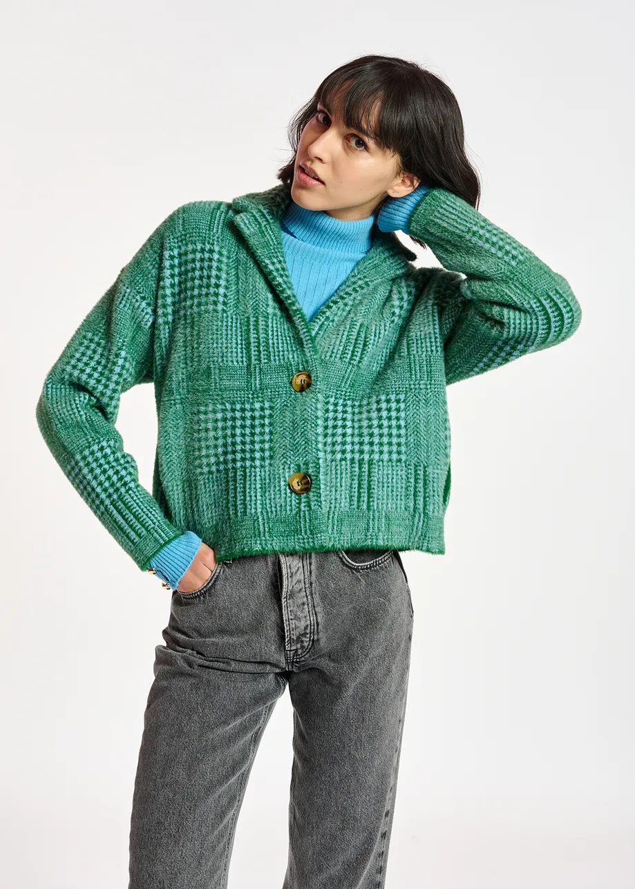 Veste en tricot pelucheux verte et bleu clair