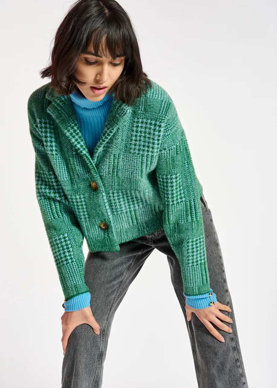 Veste en tricot pelucheux verte et bleu clair