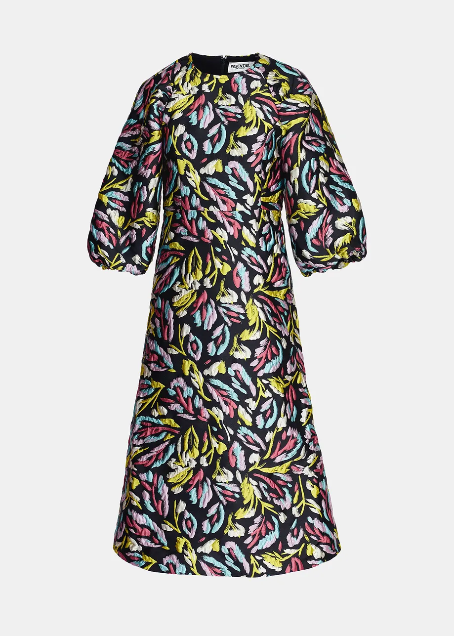 Black, yellow and lilac jacquard midi dress