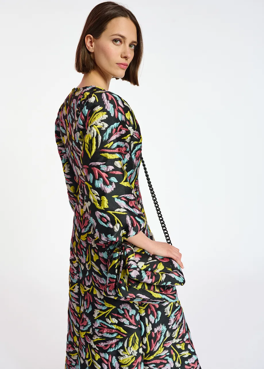 Robe midi en jacquard noir, jaune et lilas