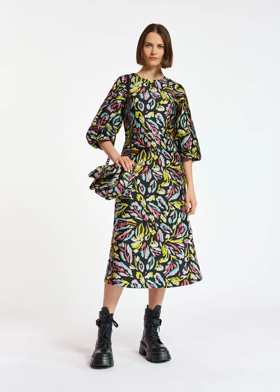 Black, yellow and lilac jacquard midi dress