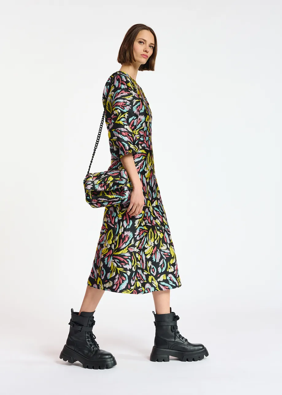 Black, yellow and lilac jacquard midi dress