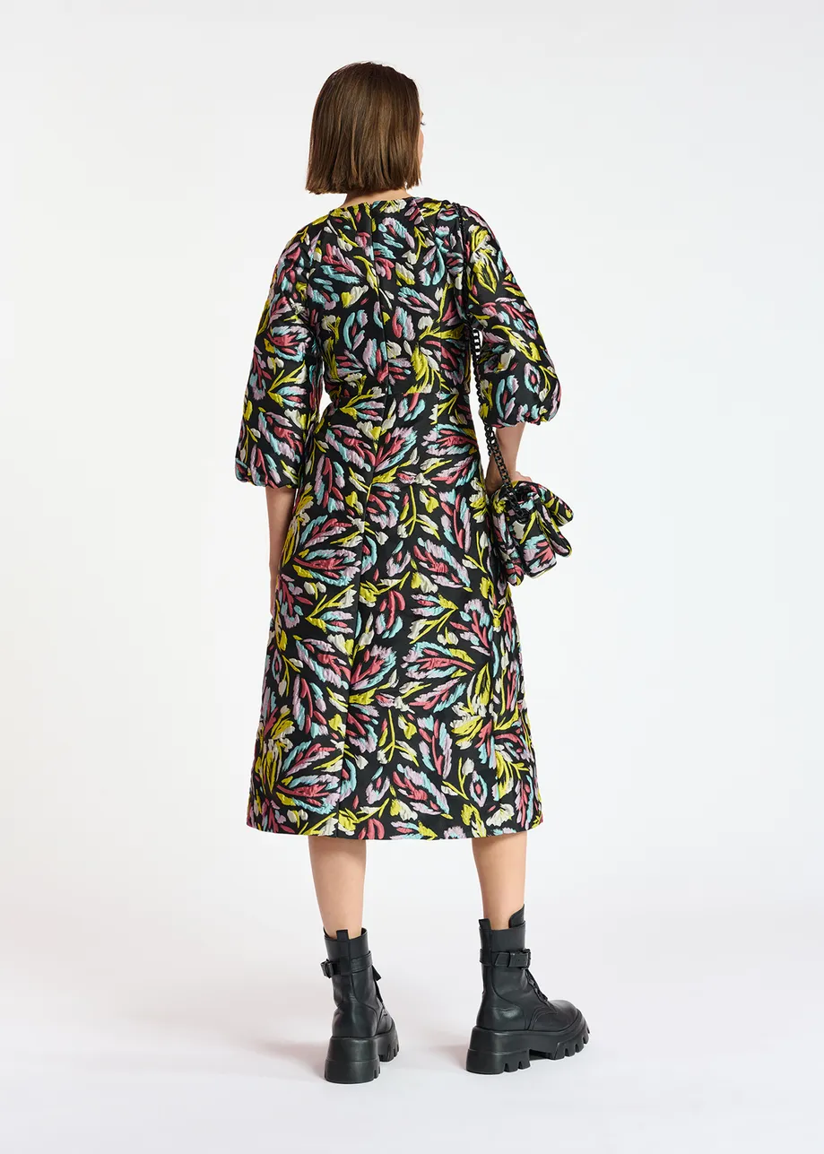 Black, yellow and lilac jacquard midi dress