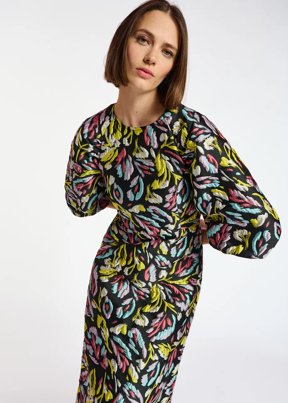 Black, yellow and lilac jacquard midi dress