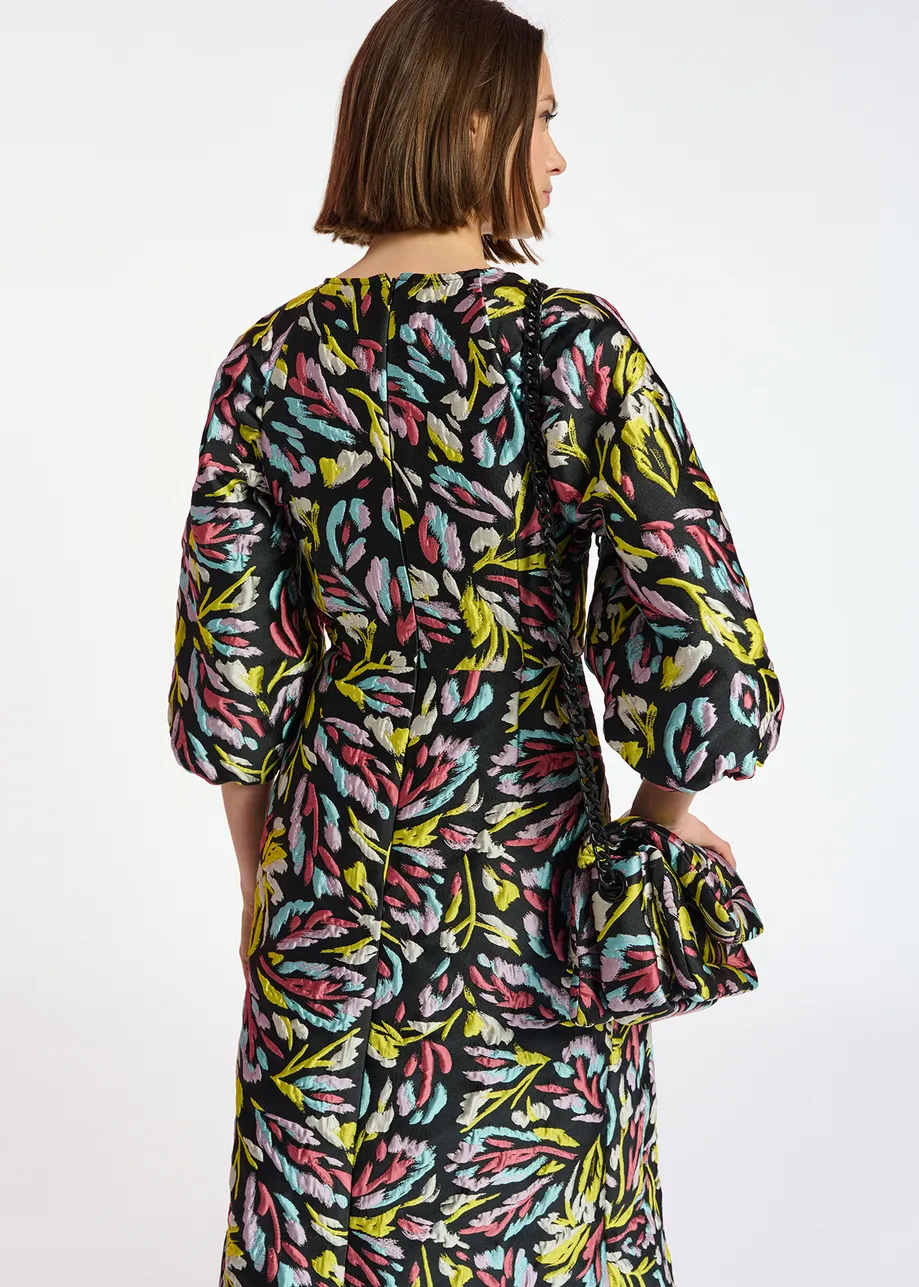 Black, yellow and lilac jacquard midi dress