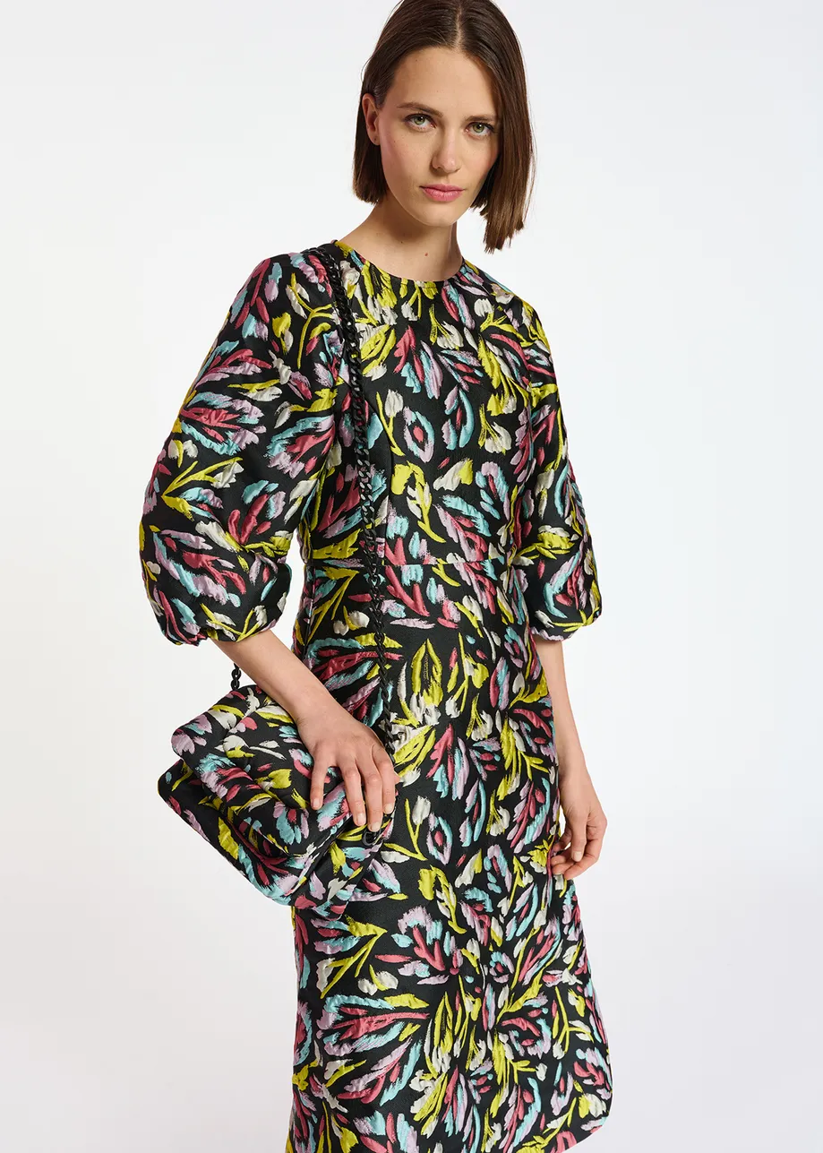 Black, yellow and lilac jacquard midi dress
