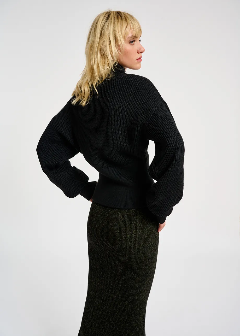 Black turtleneck sweater with fitted waist