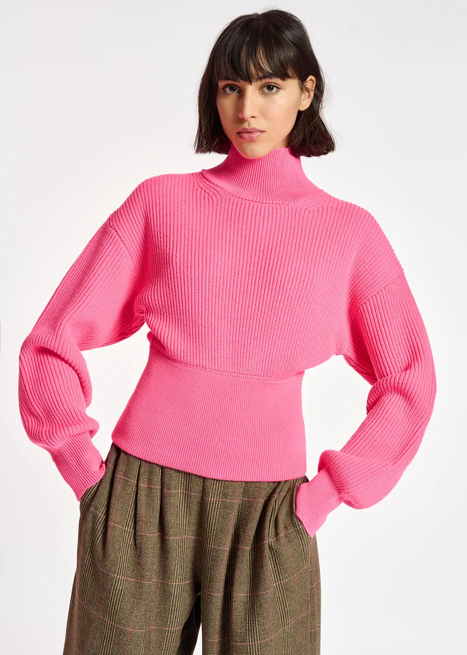 Neon pink turtleneck sweater with fitted waist