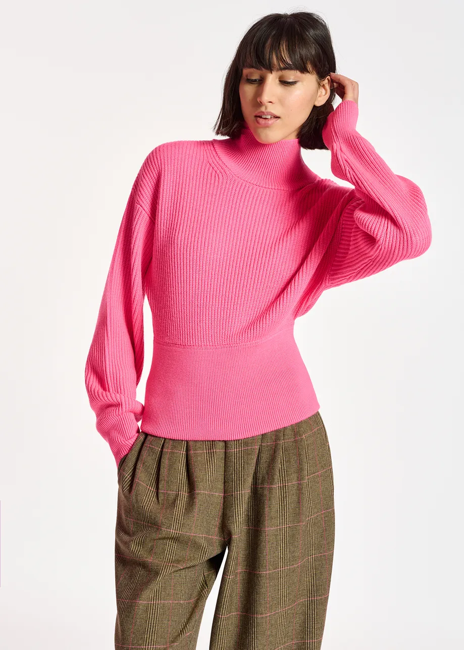 Neon pink turtleneck sweater with fitted waist