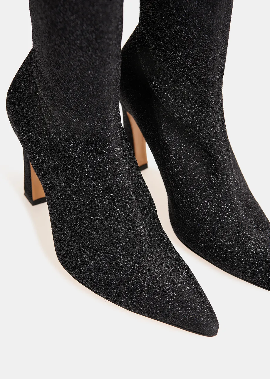 Black glitter stretch-knit sock boots