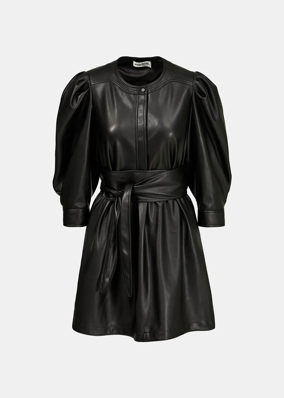 Black faux leather belted mini dress