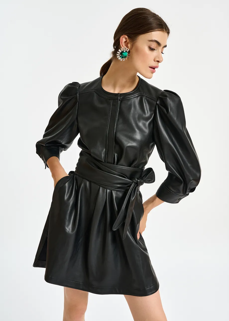 Black faux leather belted mini dress