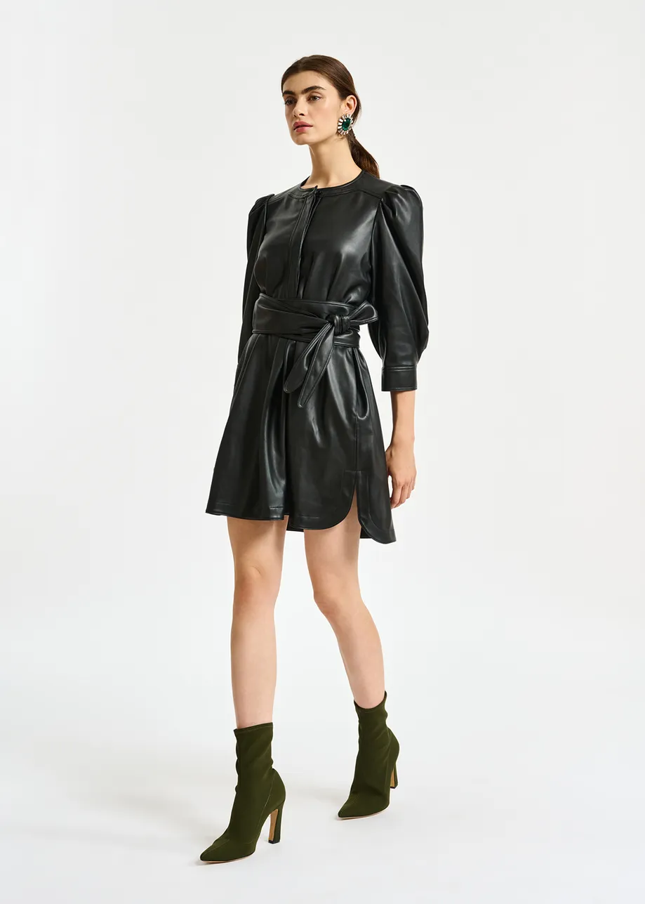 Black faux leather belted mini dress