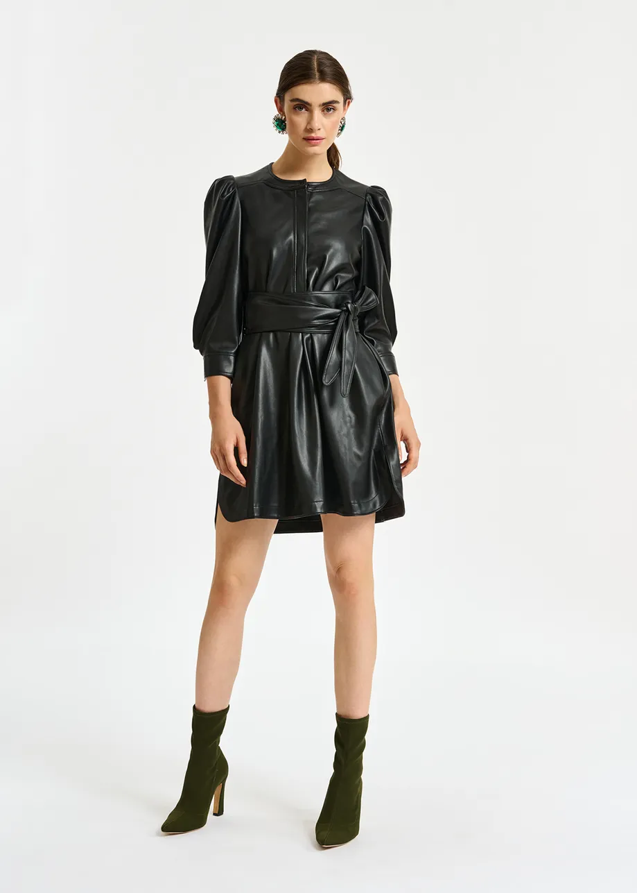 Black faux leather belted mini dress