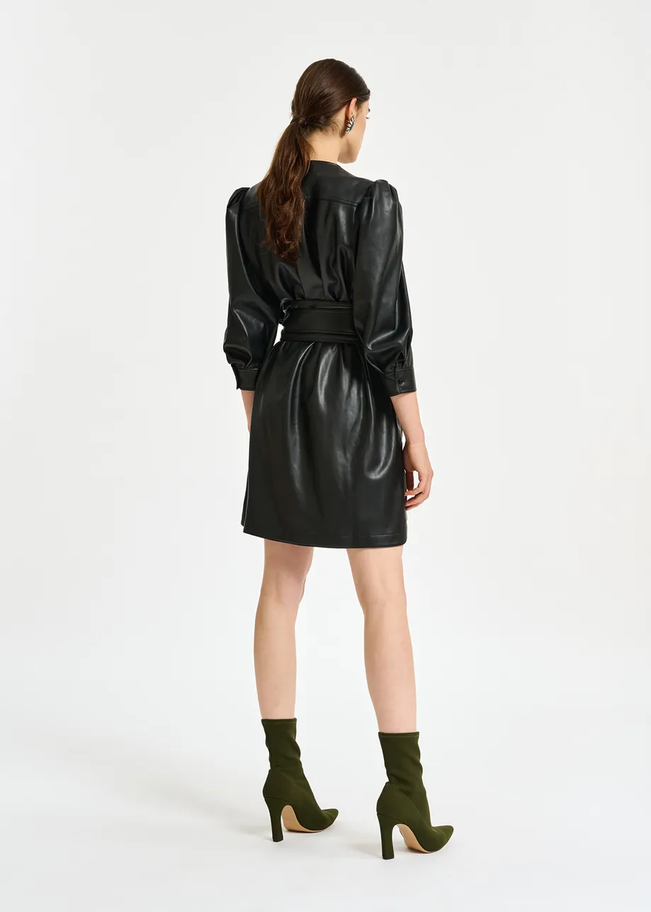 Black faux leather belted mini dress