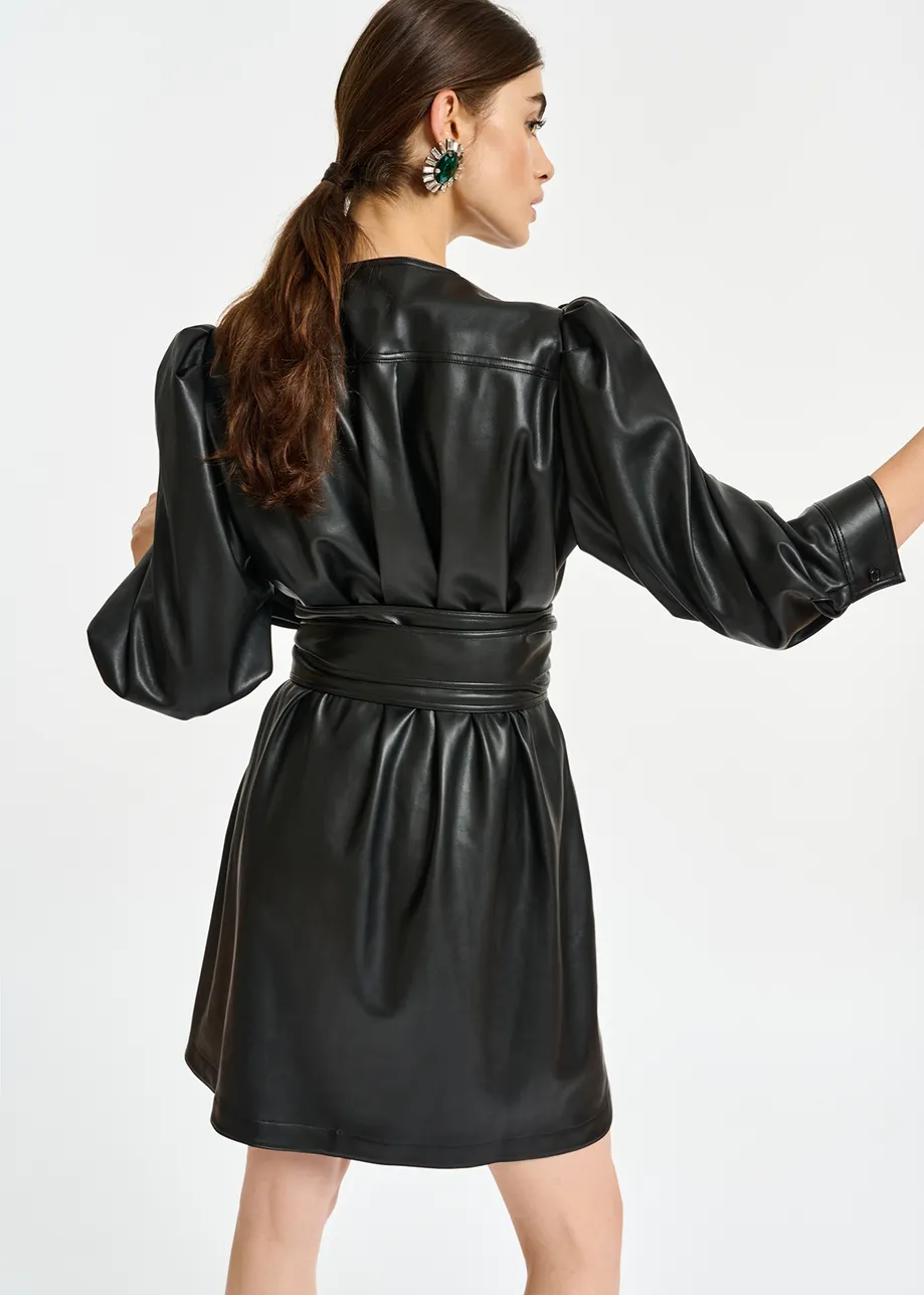 Black faux leather belted mini dress