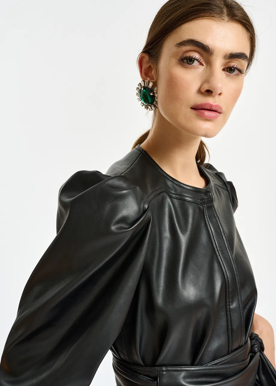 Black faux leather belted mini dress