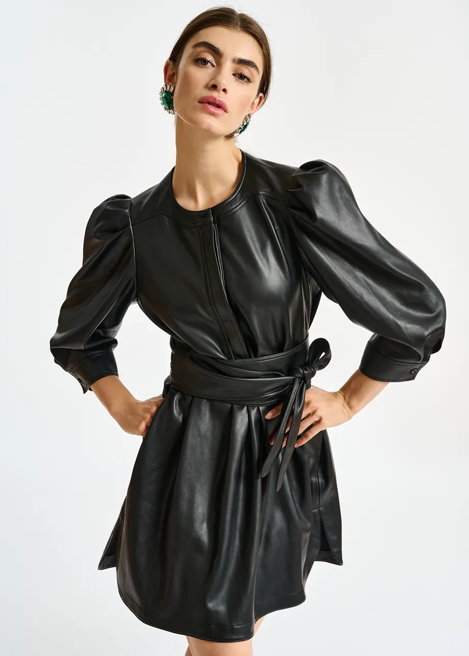 Black faux leather belted mini dress