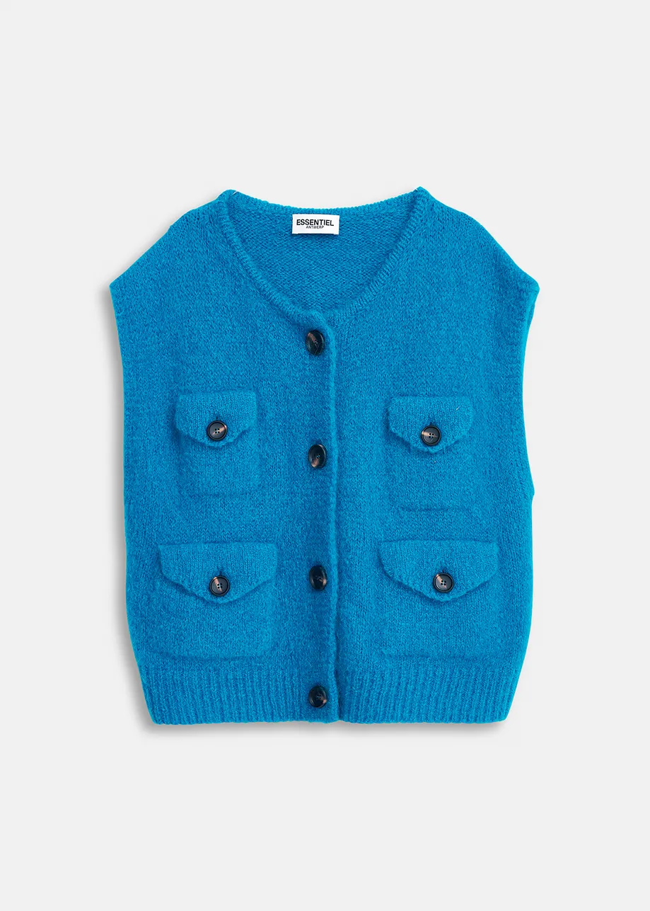 Blauwe mouwloze cardigan van mohairmix