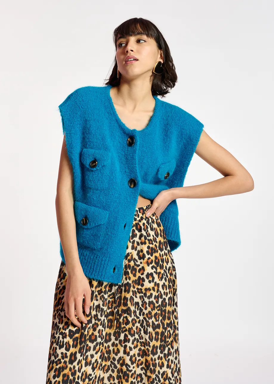 Blaue, ärmellose Strickjacke aus Mohair-Mischgewebe