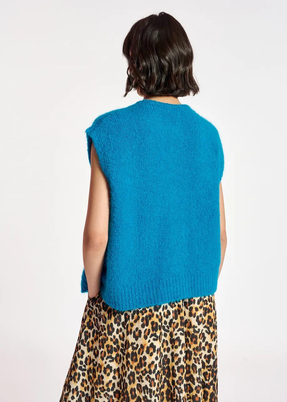 Blaue, ärmellose Strickjacke aus Mohair-Mischgewebe