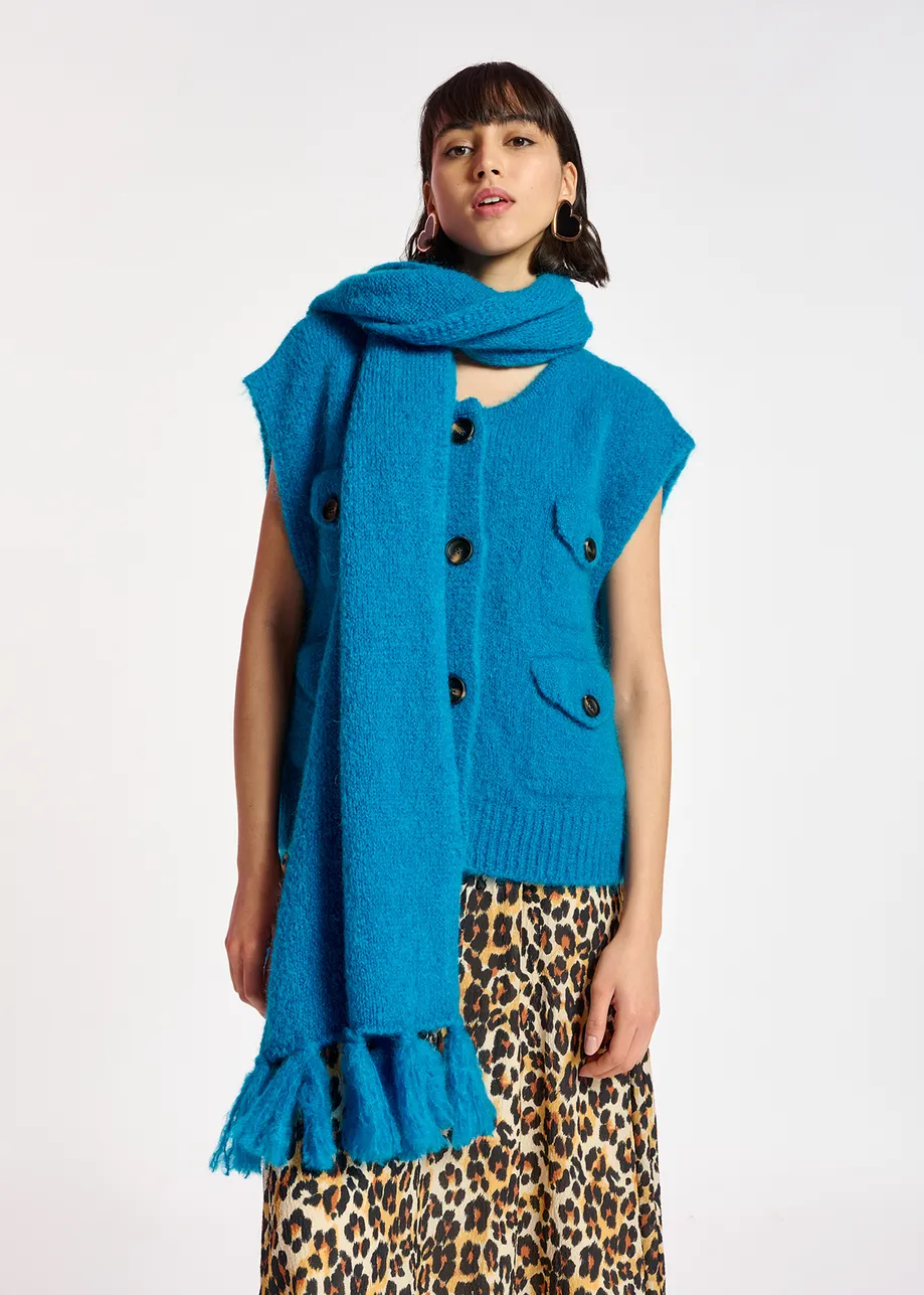 Blaue, ärmellose Strickjacke aus Mohair-Mischgewebe