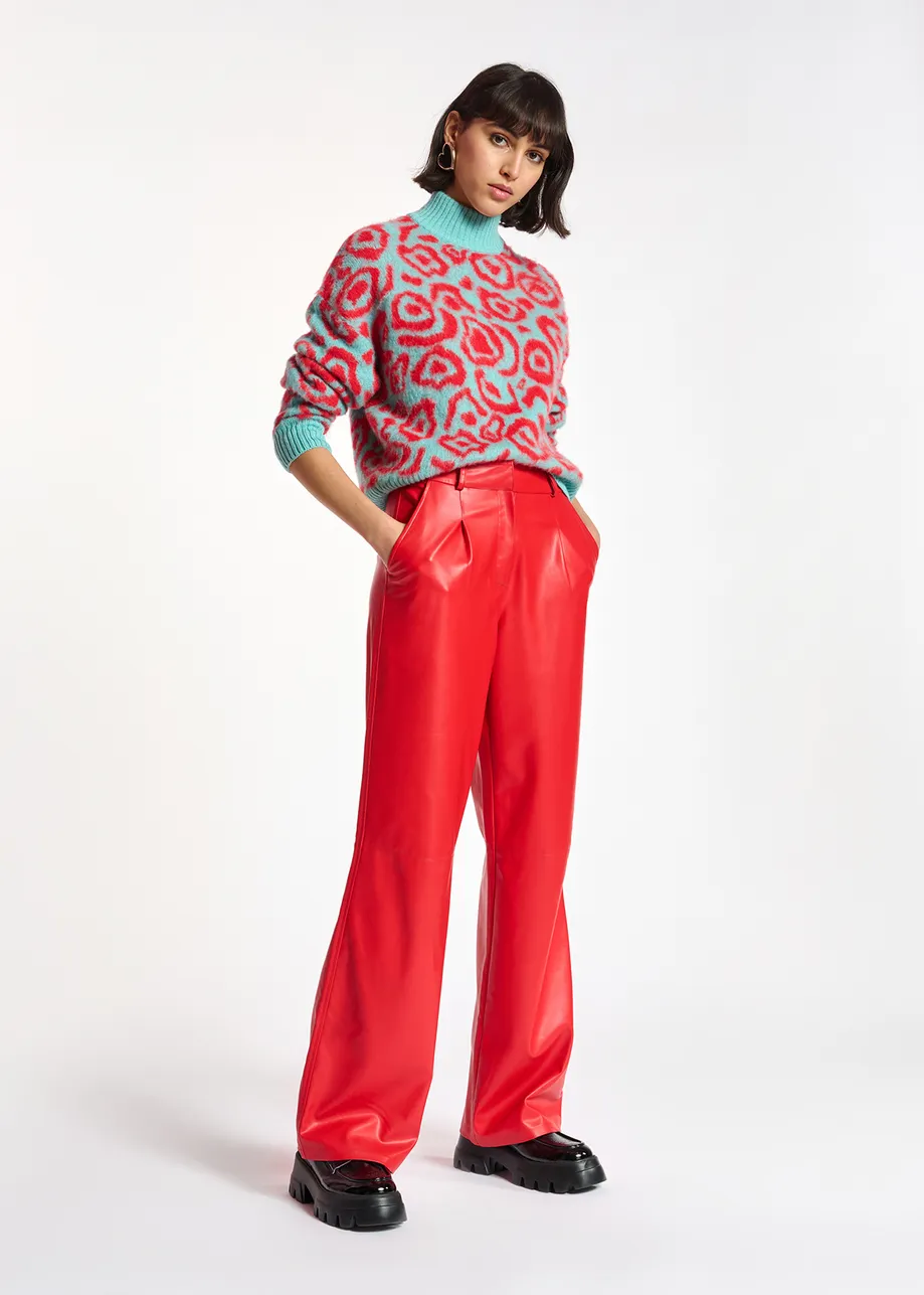 Pantalon droit en faux cuir rouge