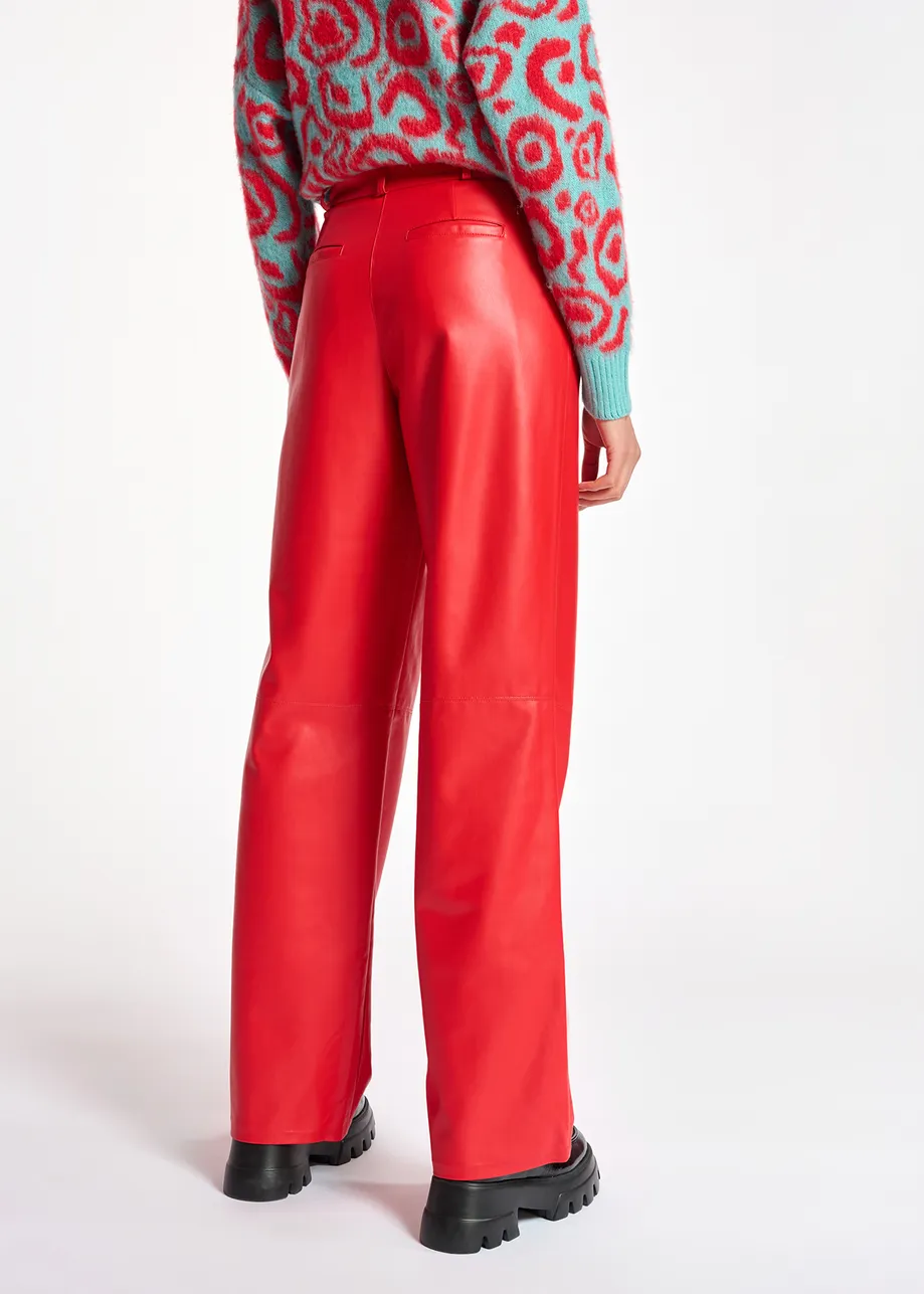 Pantalon droit en faux cuir rouge