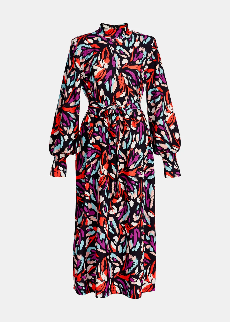 Black, coral red and purple stretch-jersey midi dress