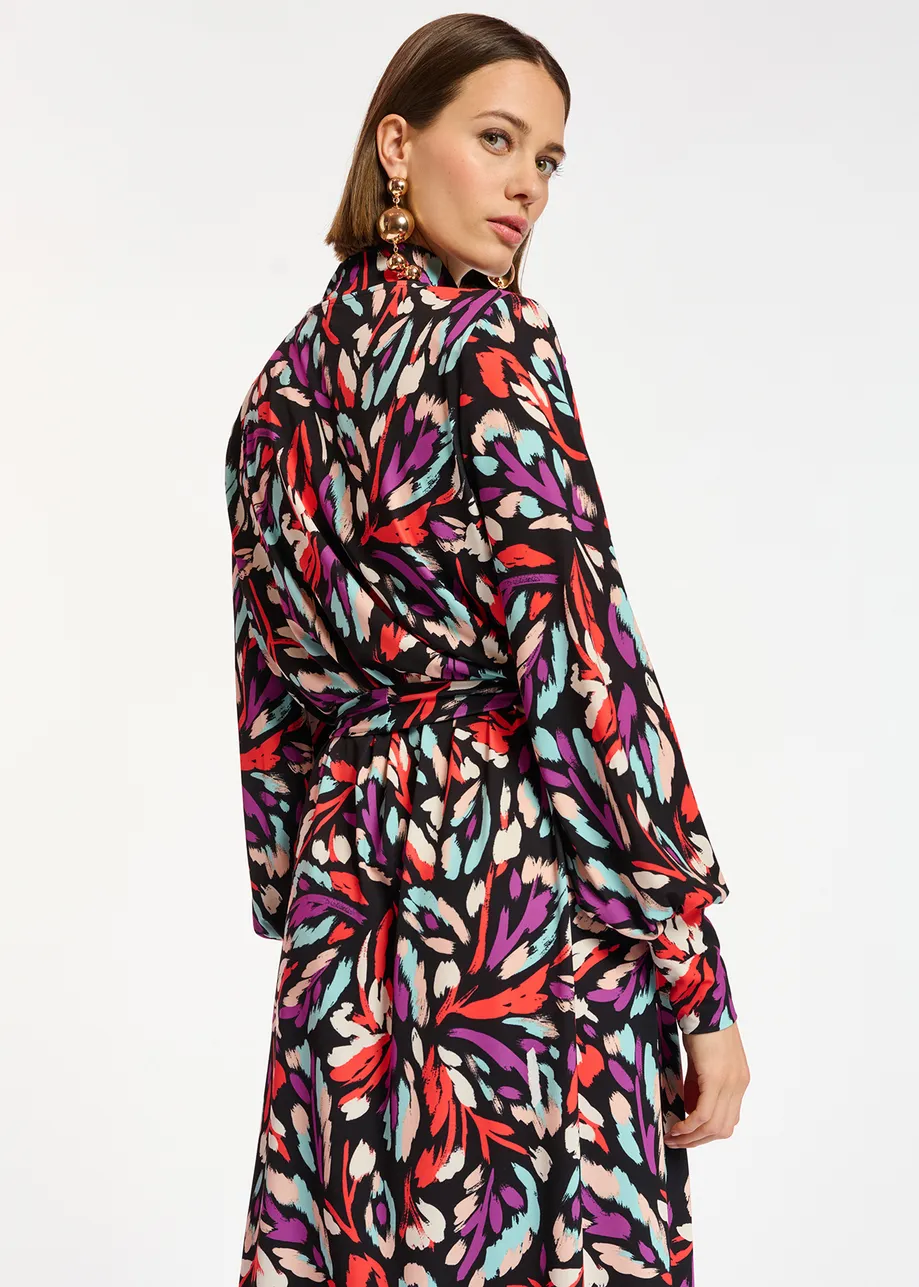Black, coral red and purple stretch-jersey midi dress