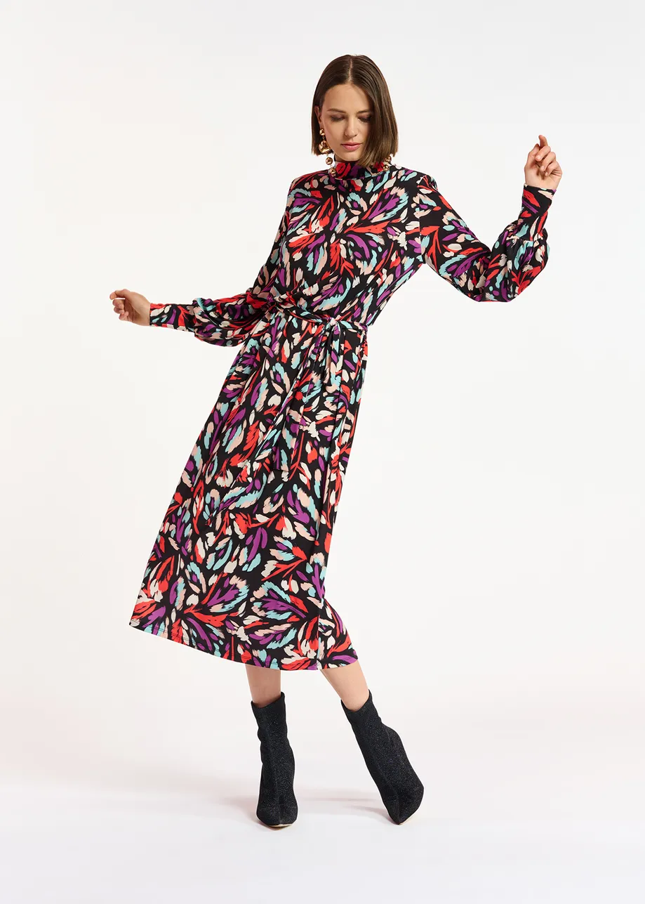 Black, coral red and purple stretch-jersey midi dress