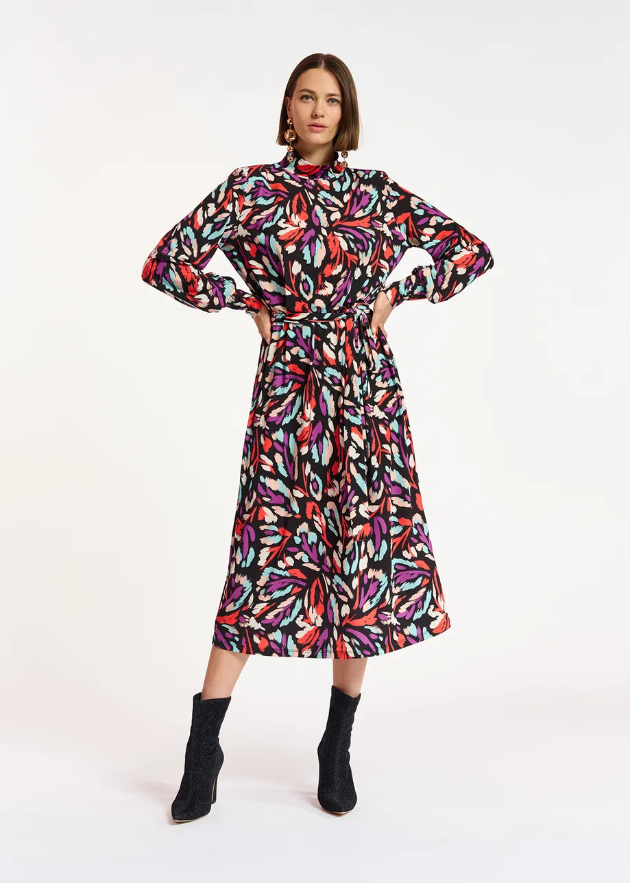 Black, coral red and purple stretch-jersey midi dress