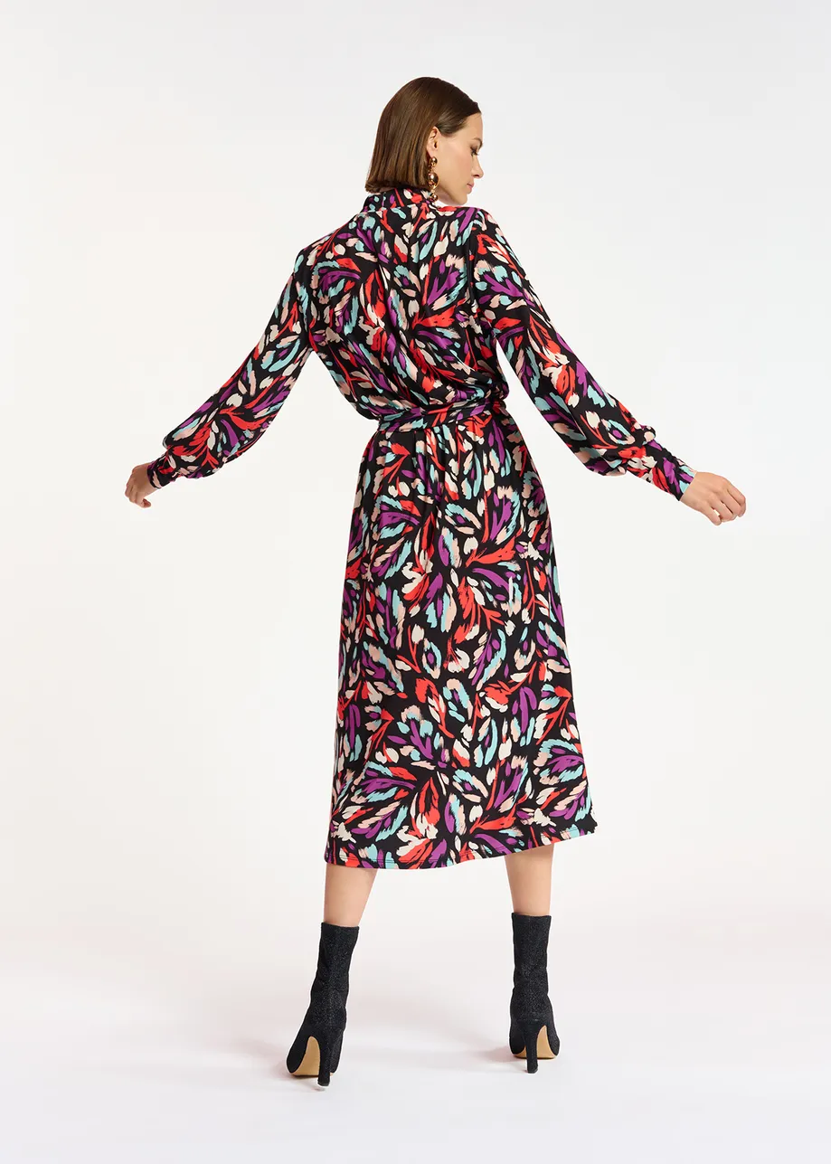 Black, coral red and purple stretch-jersey midi dress