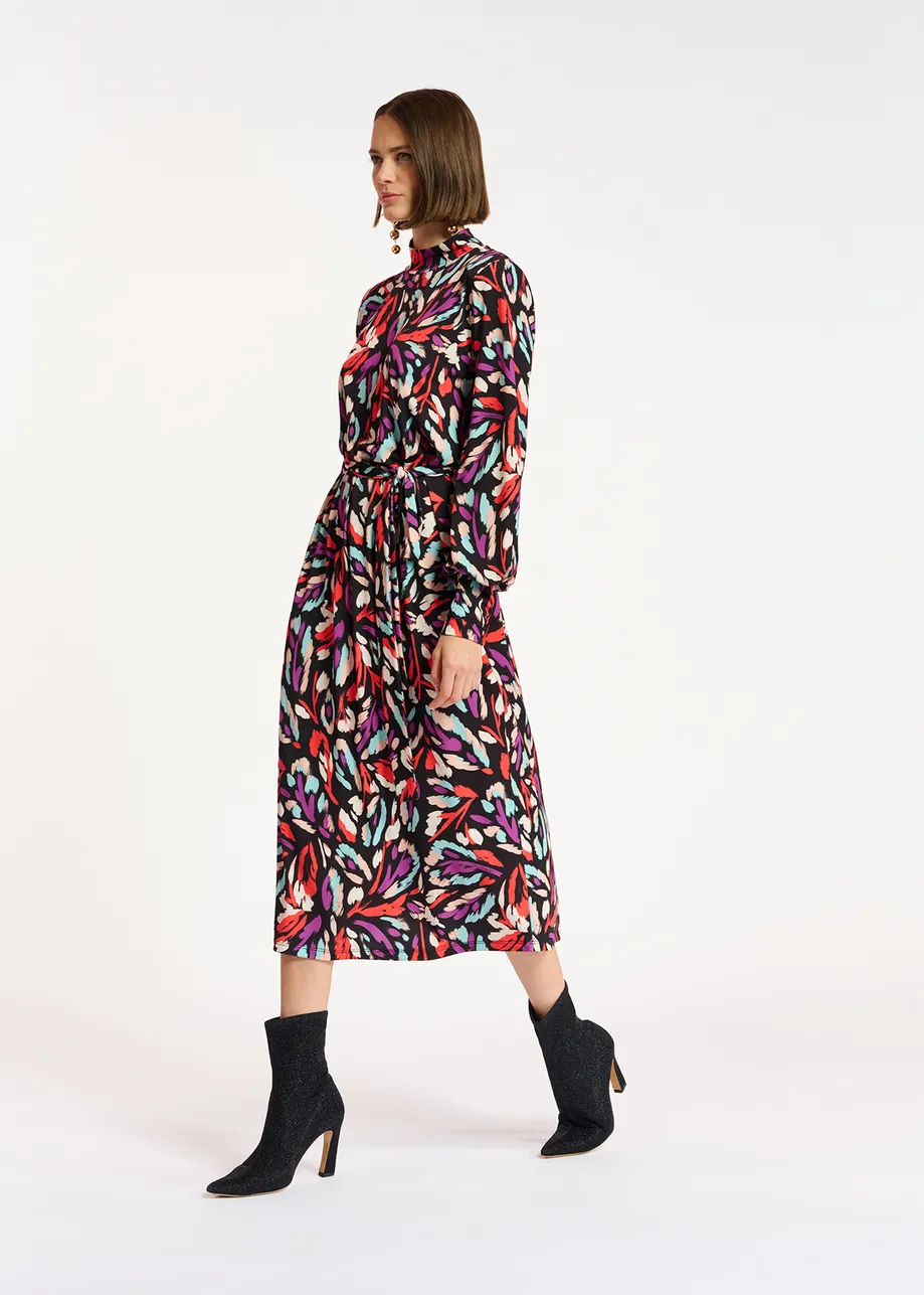 Black, coral red and purple stretch-jersey midi dress