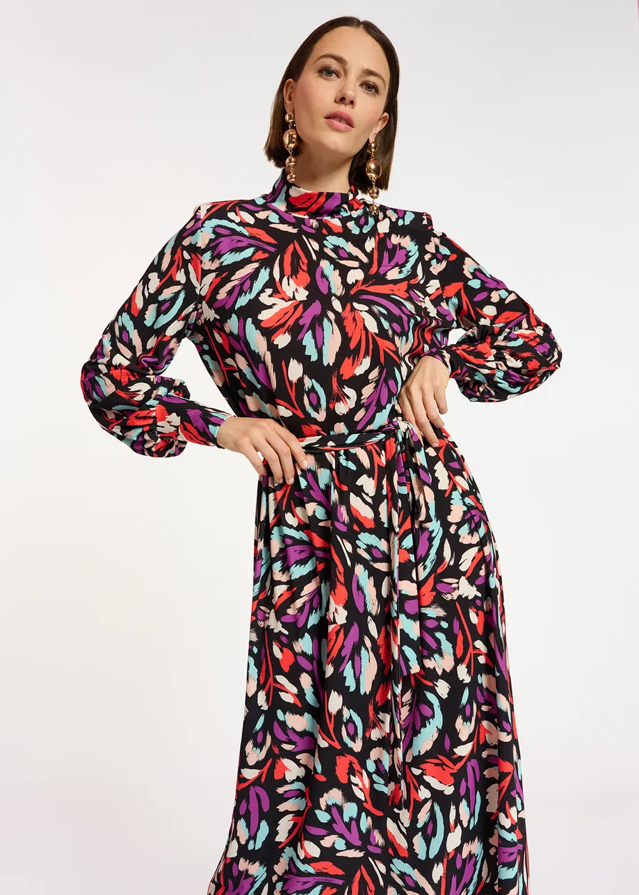 Black, coral red and purple stretch-jersey midi dress