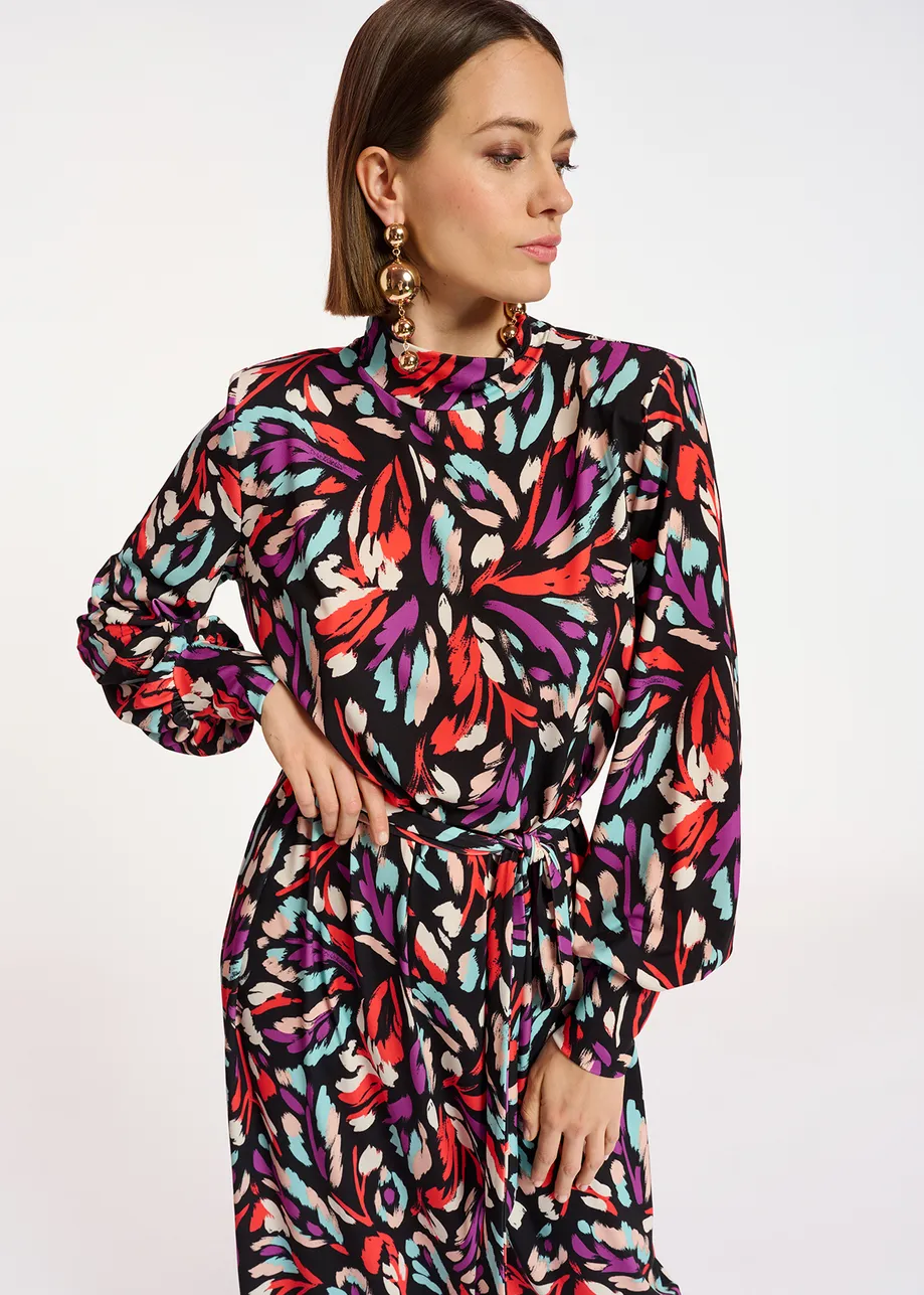 Black, coral red and purple stretch-jersey midi dress