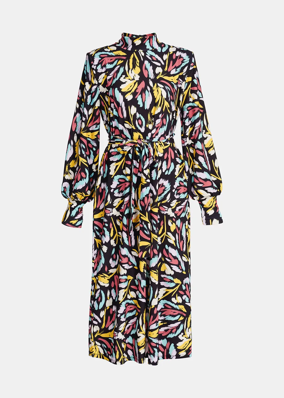 Black, yellow and lilac stretch-jersey midi dress