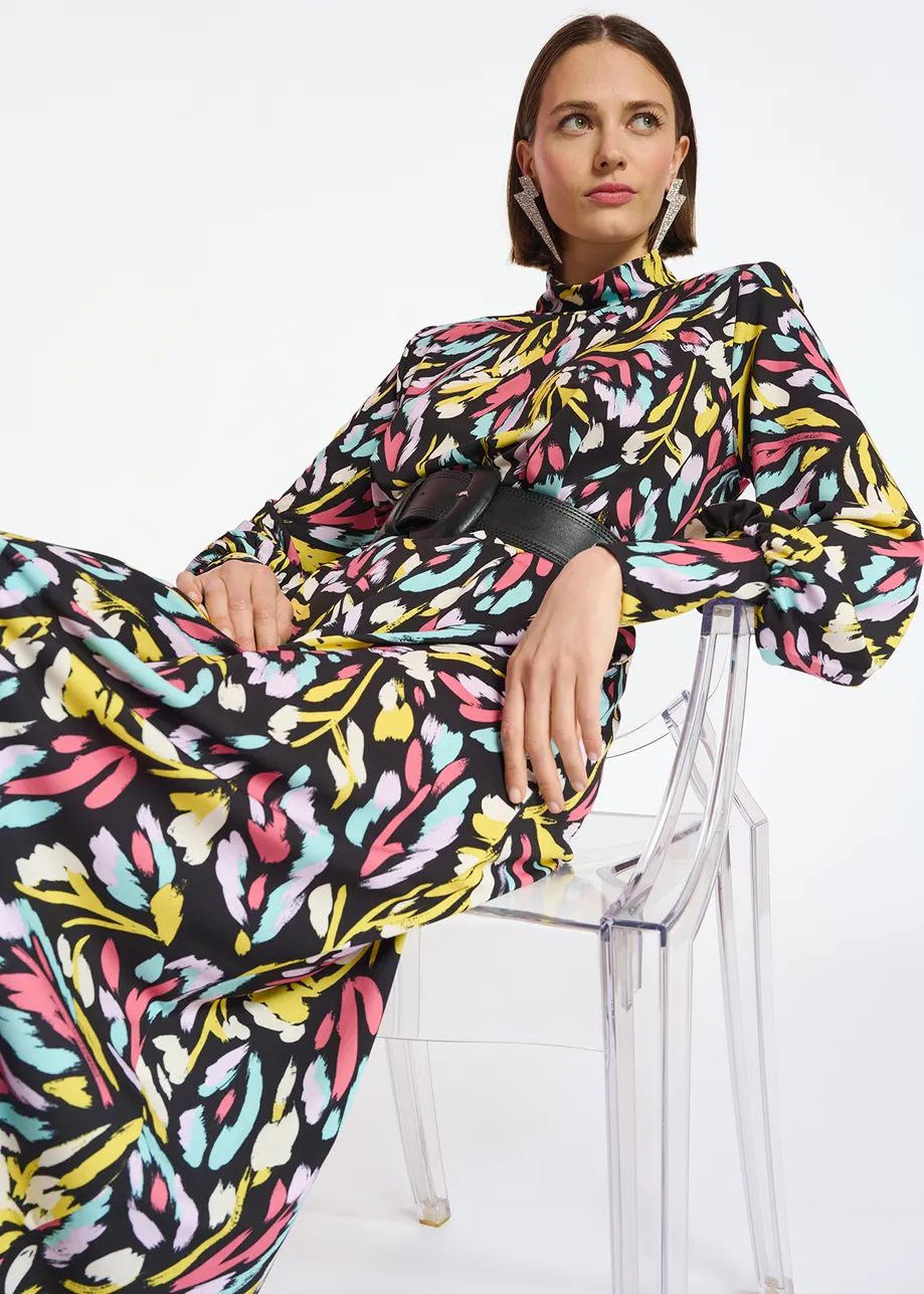 Midi-jurk in zwart, geel en lila stretch jersey