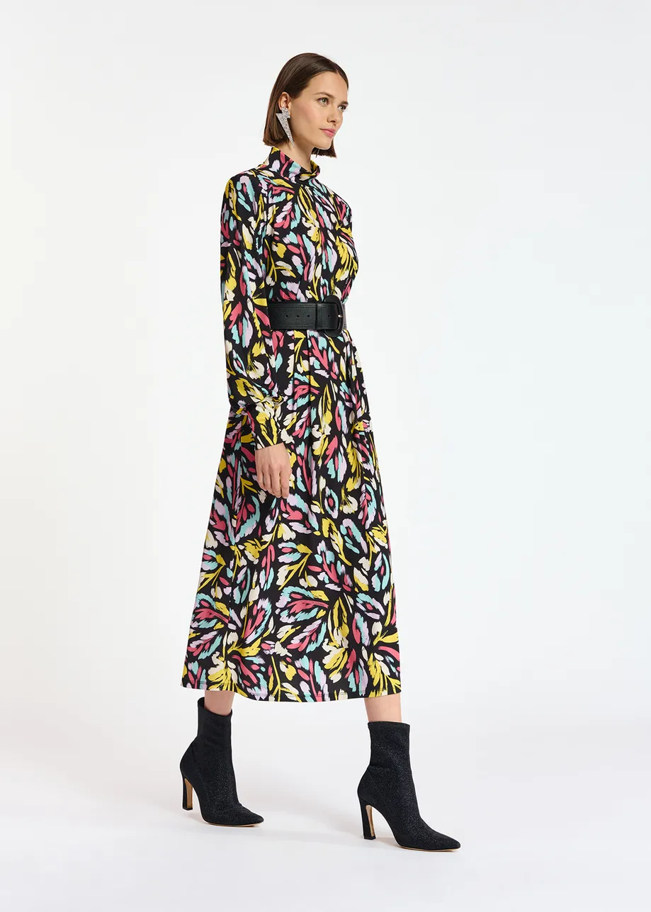 Midi-jurk in zwart, geel en lila stretch jersey