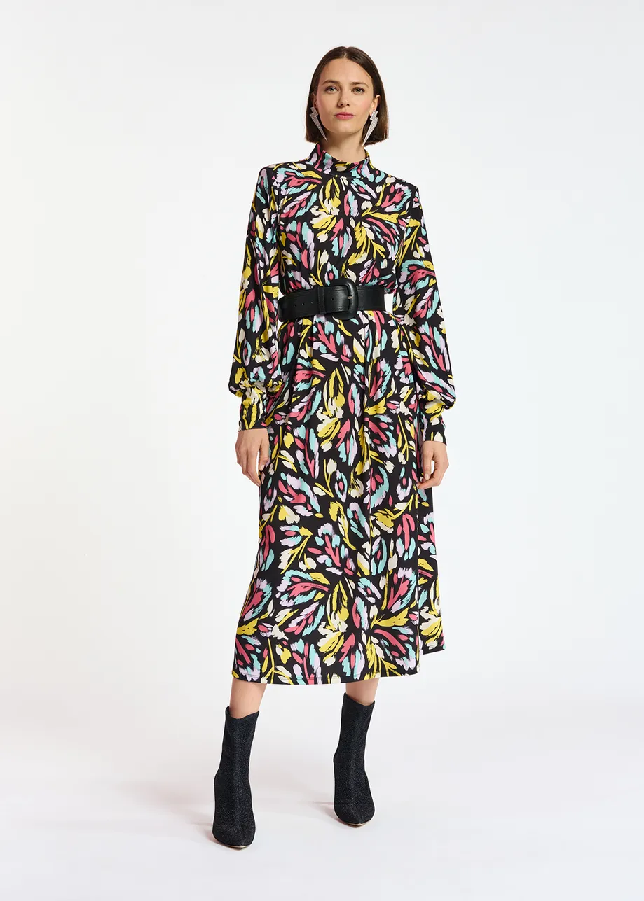 Black, yellow and lilac stretch-jersey midi dress