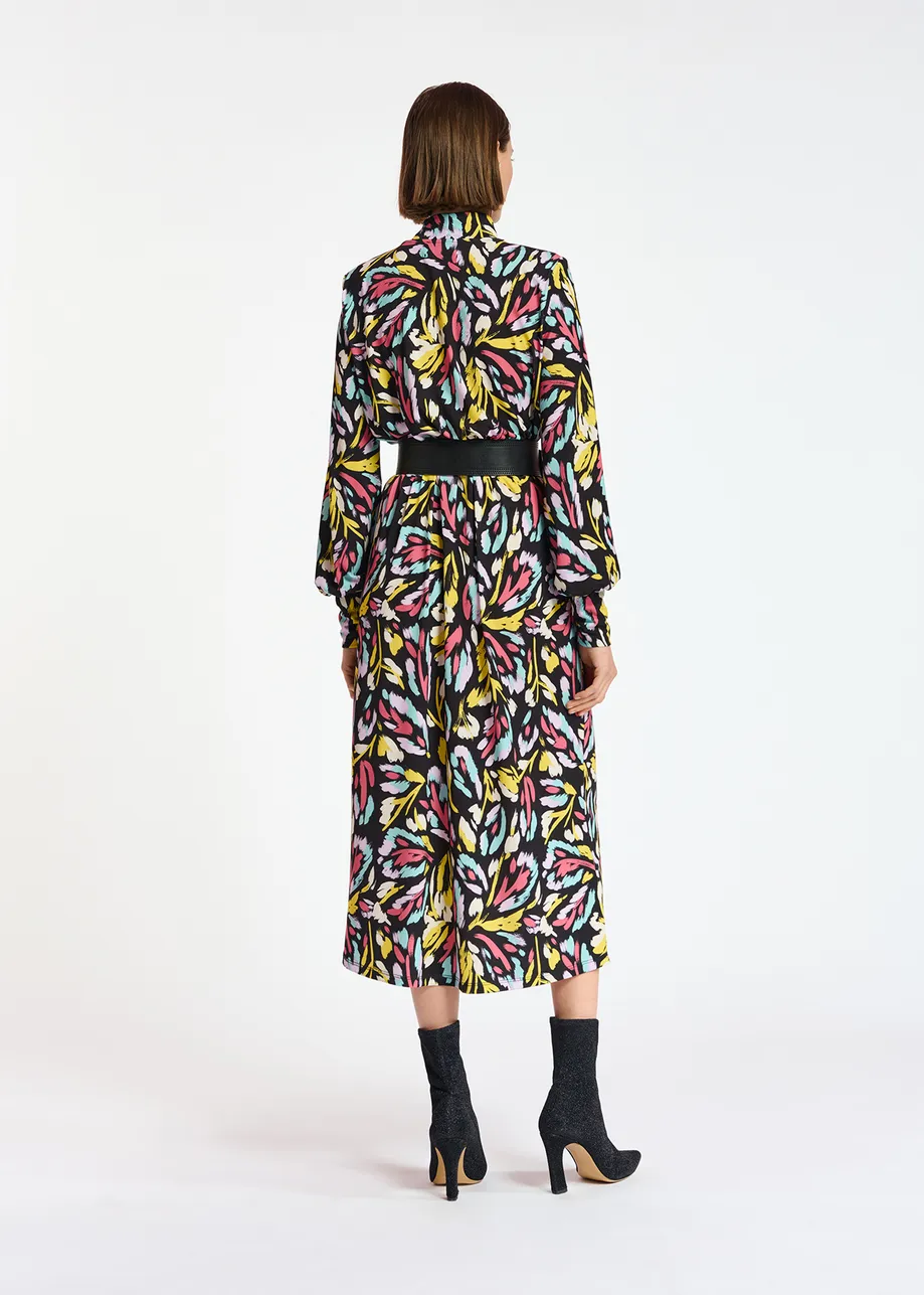 Black, yellow and lilac stretch-jersey midi dress