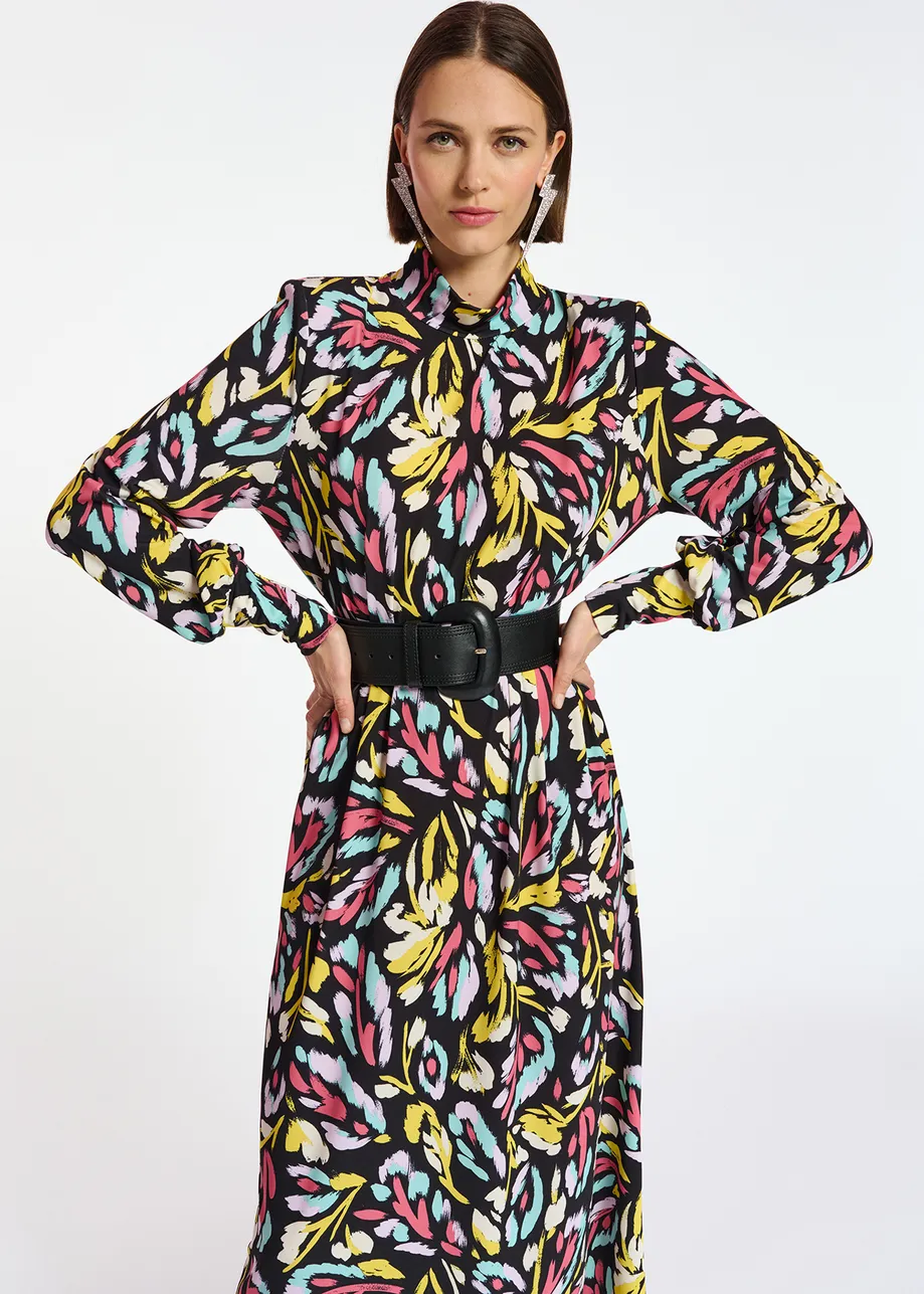 Black, yellow and lilac stretch-jersey midi dress