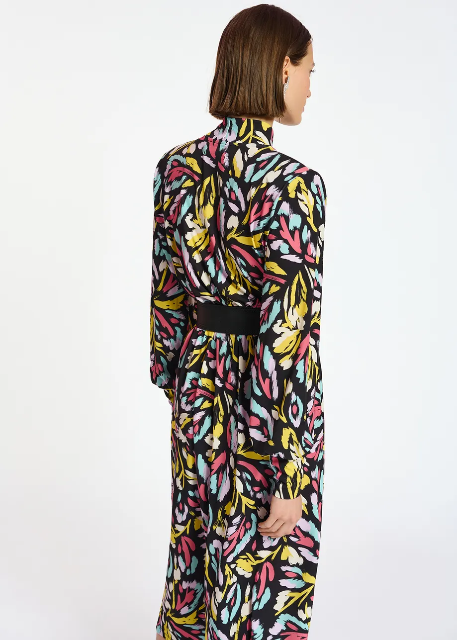 Black, yellow and lilac stretch-jersey midi dress