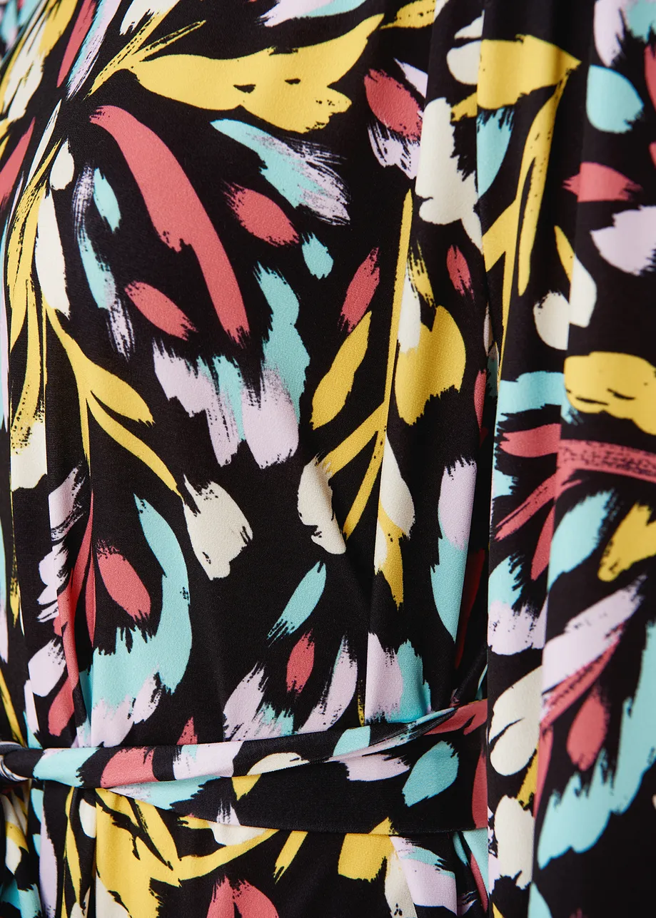 Black, yellow and lilac stretch-jersey midi dress