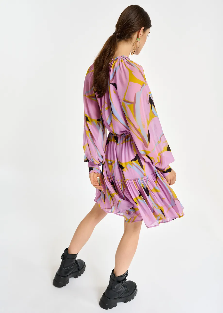 Lilac abstract-print mini dress with bishop sleeves