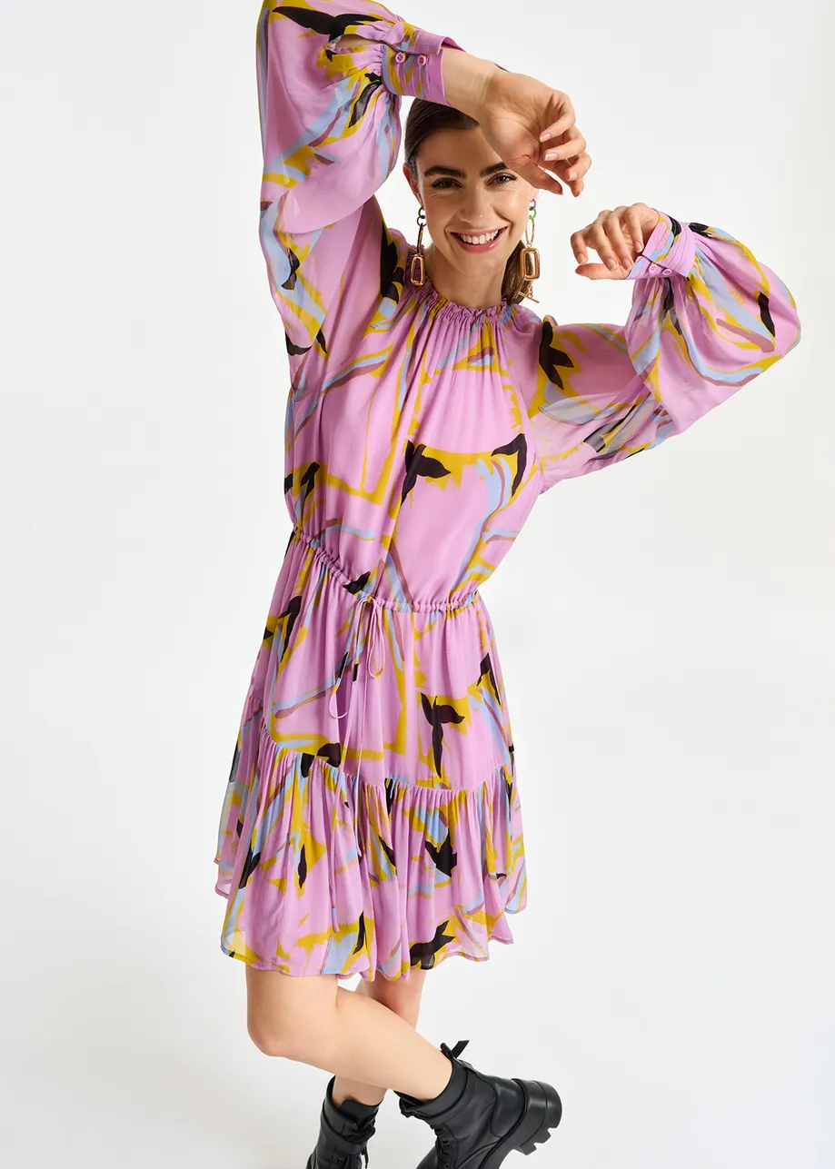 Lilac abstract-print mini dress with bishop sleeves