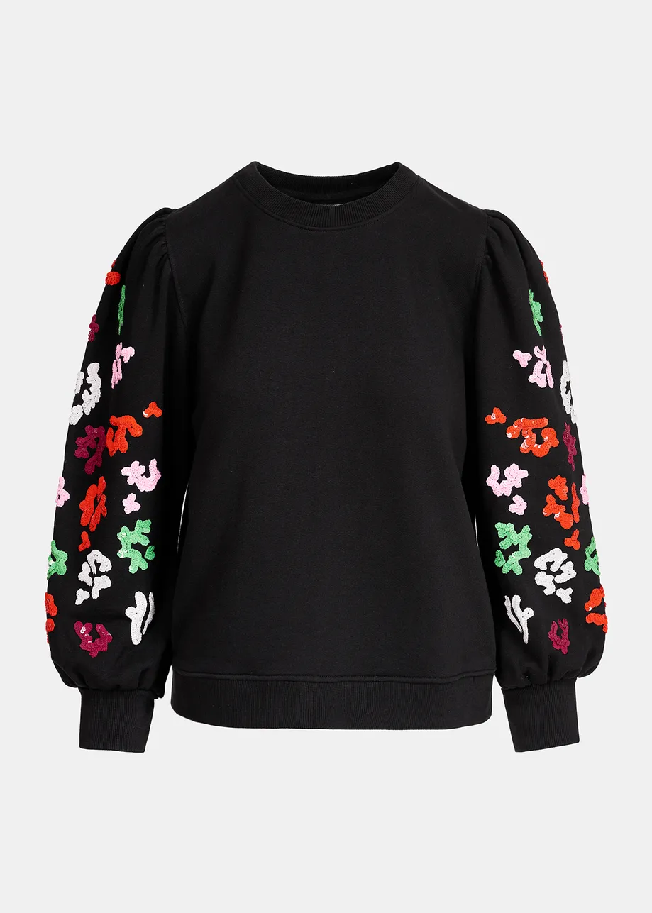 Black sweatshirt with multicolor sequin embroideries
