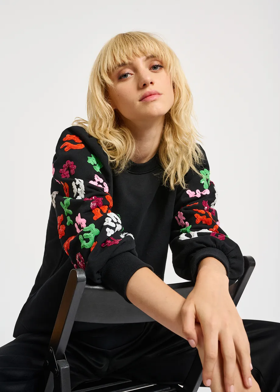 Black sweatshirt with multicolor sequin embroideries